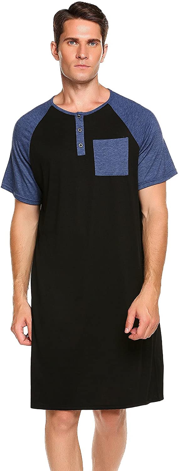 Men's Sleepshirt Short Sleeve Long Nightshirt Comfy Big&Tall Nightgown Sleepwear