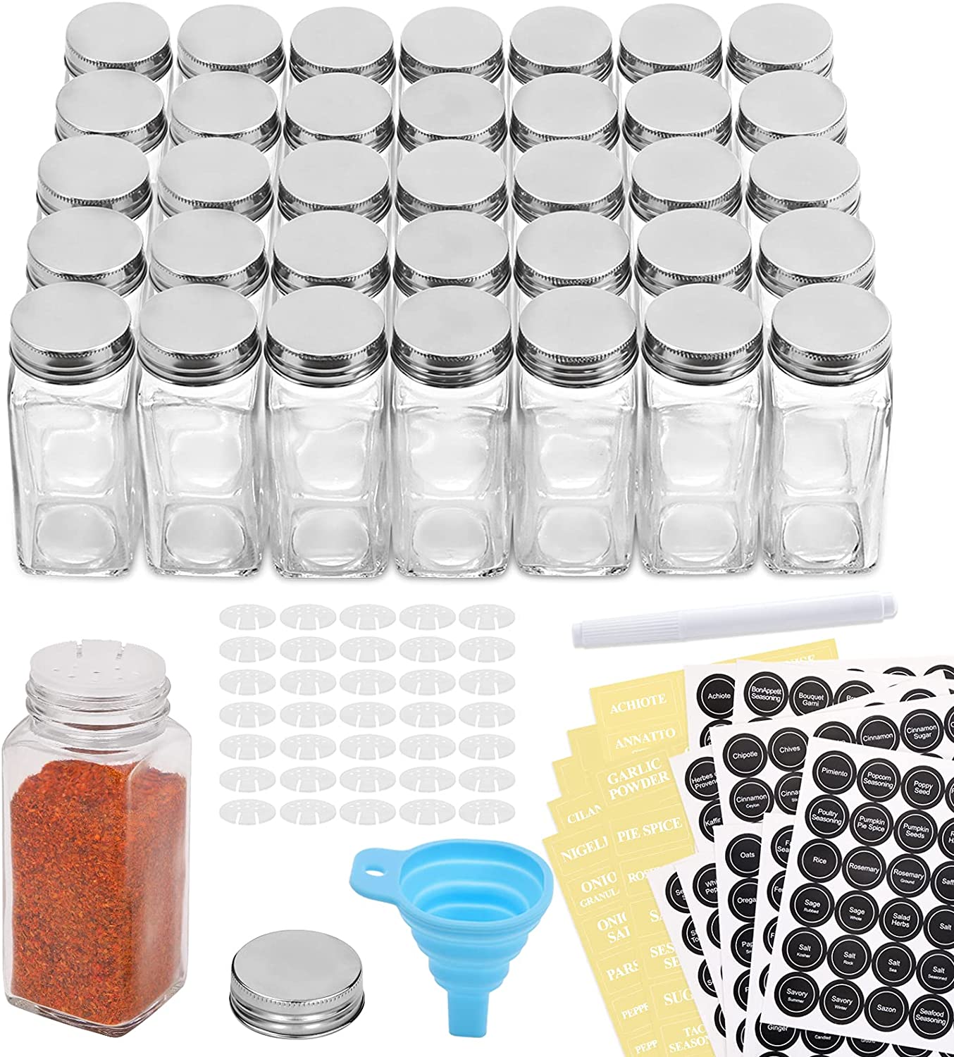 36 Pcs Glass Spice Jars with Spice Labels - 4oz Empty Square Spice Bottles - Shaker Lids and Airtight Metal Caps - Chalk Marker and Silicone Collapsible Funnel Included