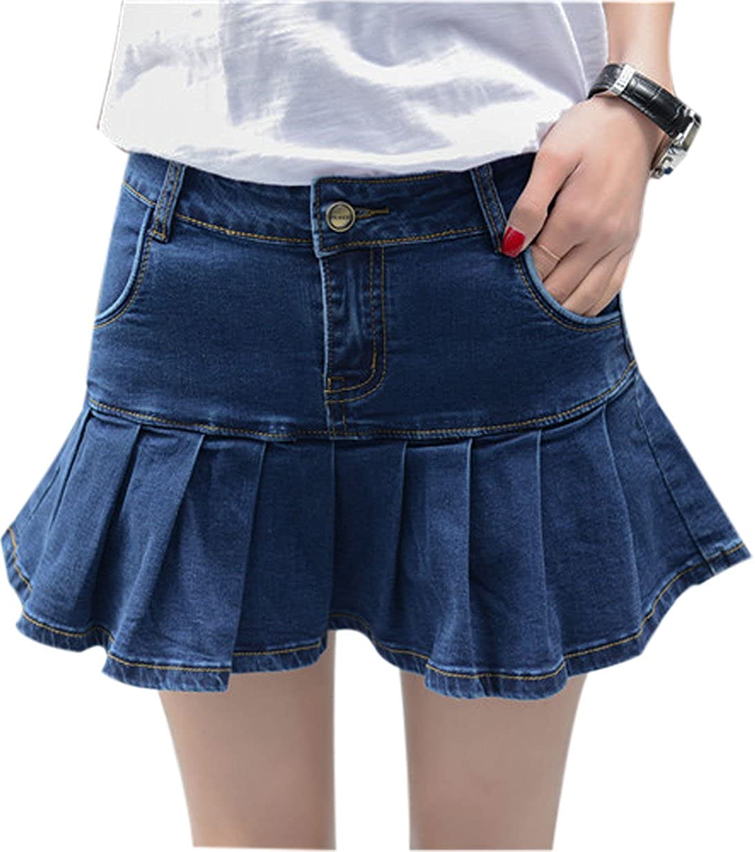 Women's Casual Slim A-line Pleated Ruffle Short Mini Denim Skirts
