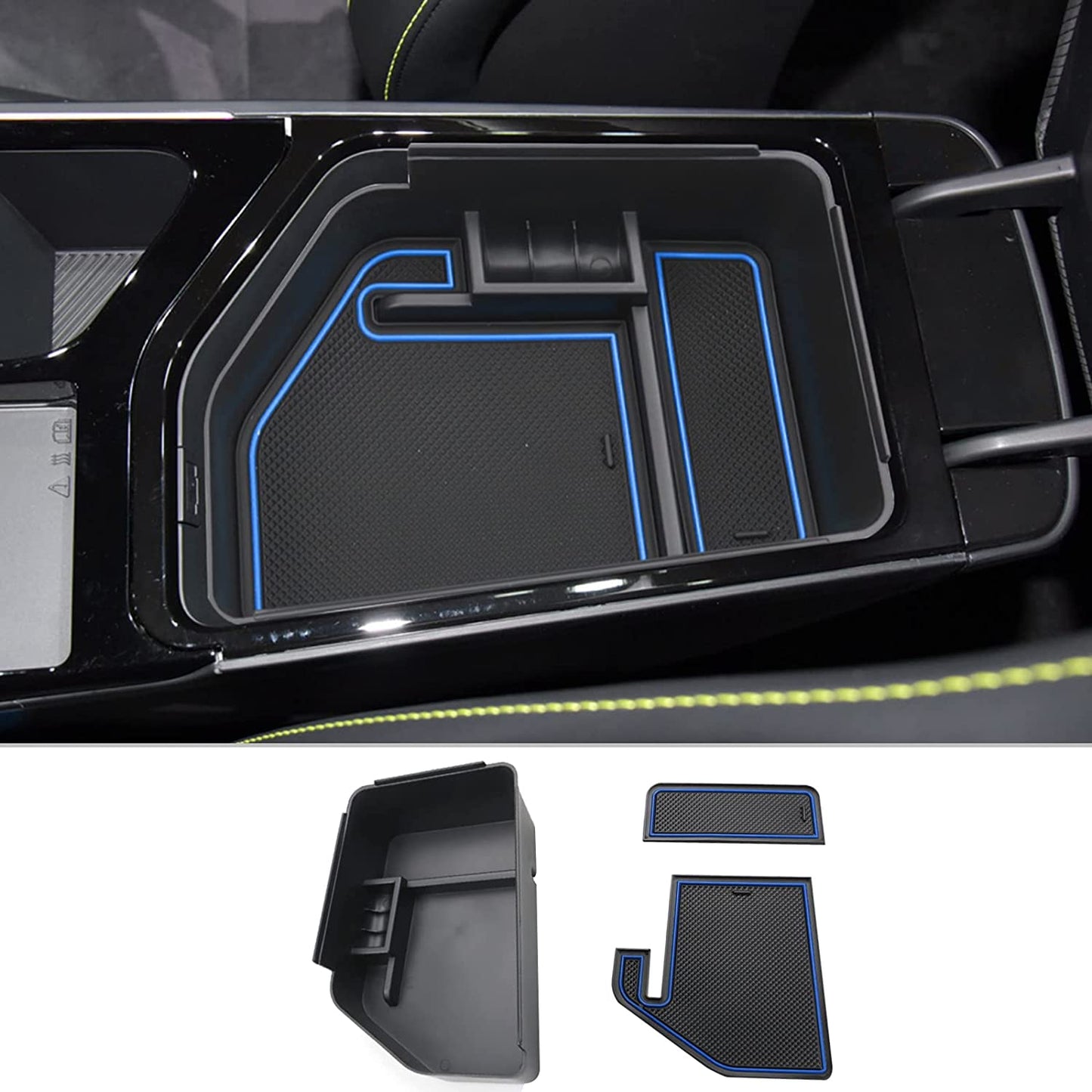 Center Console Organizer Tray for 2022 Kia EV6 Accessories Armrest Storage Box Secondary Insert Tray Coin Container Black ABS Material with 1 Colored Mats (Blue Mat)