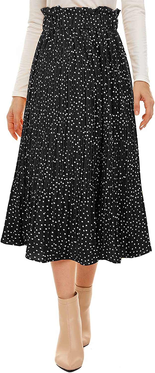 Women's Polka Dot Pleated Skirt Swing Midi Maxi Skirt High Waisted Skirts for Women with Pockets