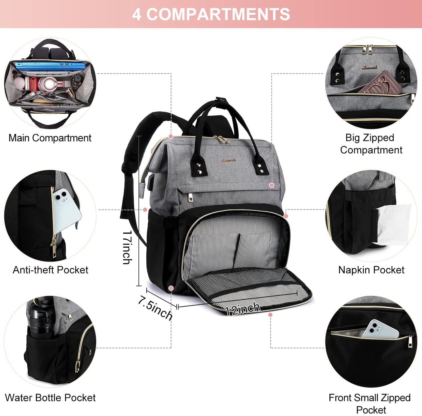Laptop Backpack Purse for Woman, 17 Inch Computer Business Backpacks Stylish School Bookbag, Teacher Doctor Nurse Bags for Work, Casual Daypack Backpack with USB Port,Grey-Black