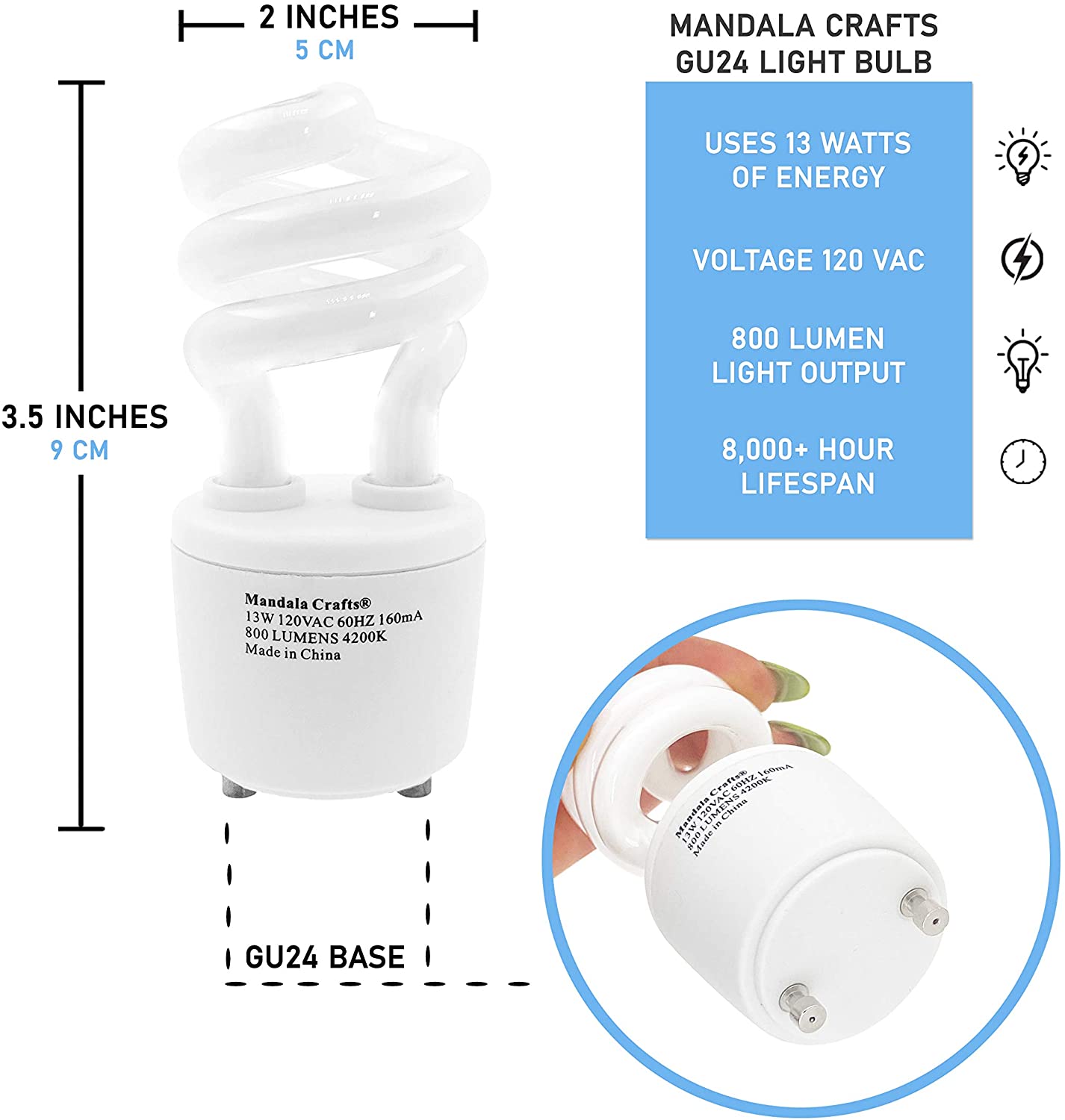 GU24 Light Bulb – CFL 13 w 120 v 60 hz Light Bulb – Compact Fluorescent Lightbulb with Two Prong Base T2 Mini Spiral 4 Pack 4200K Cool White by Mandala Crafts
