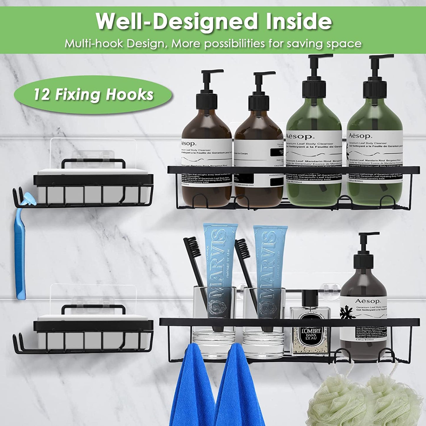 4-Pack Shower Caddy Shelf with Soap Holder, No Drilling Traceless Adhesive Shower Wall Mounted Basket Shelves with Hooks, Rustproof Stainless Steel Bathroom Shower Organizer & Kitchen Storage (Black)
