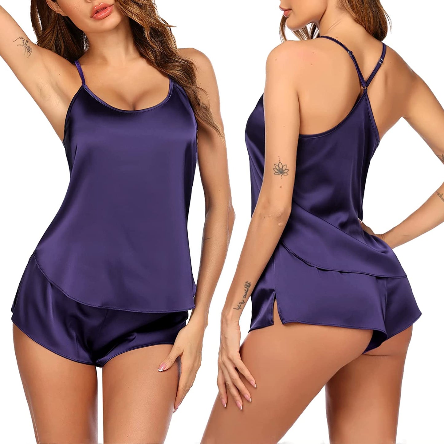 Women's Cami Shorts Sets Satin Sexy Lingerie Pajamas Silky Pjs Sleepwear O Neck Nightwear Lounge Set S-XXL