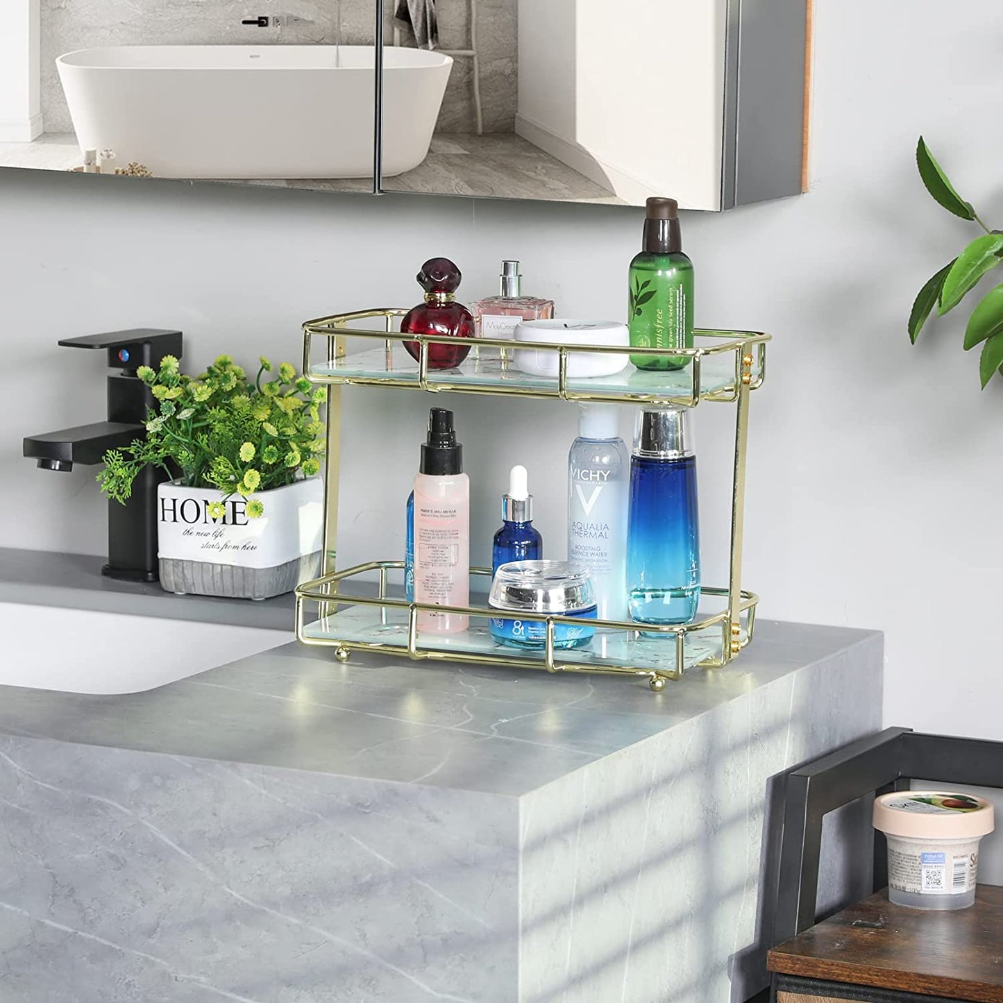 2-Tier Bathroom Organizer Countertop, Bathroom Countertop Storage Shelf with Removable Marble Glass Tray , Vanity Tray Cosmetic Organizer Holder Gold