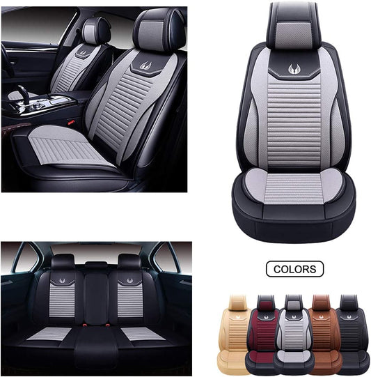 Leather&Fabric Spring and Summer Car Seat Covers, Faux Leather Automotive Vehicle Cushion for Cars SUV Pick-up Truck Universal Fit Auto Interior Accessories (OS-008 Full Set, Gray)
