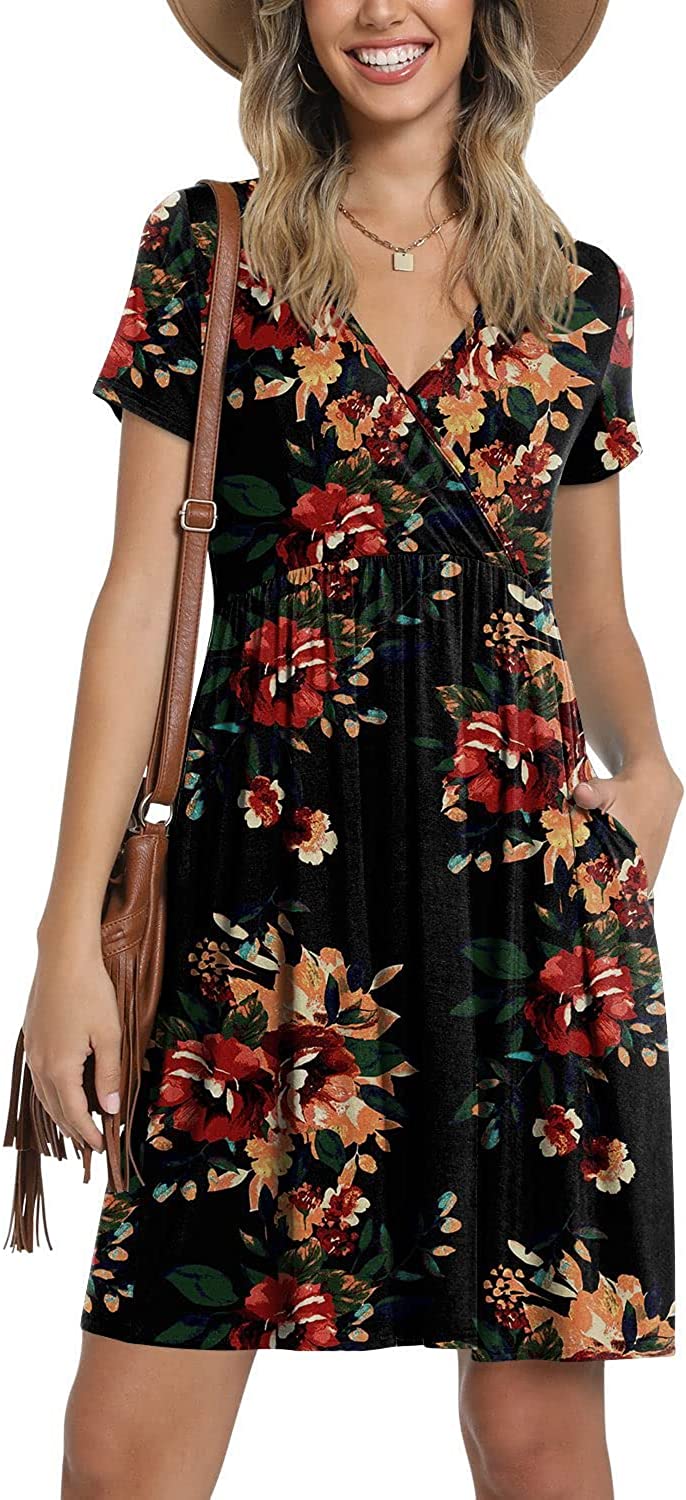 Summer Women's V Neck Dress, Printed Short Sleeve Neck Dress, Casual Loose Floral Beach Dress, Swing A-Line Dresses