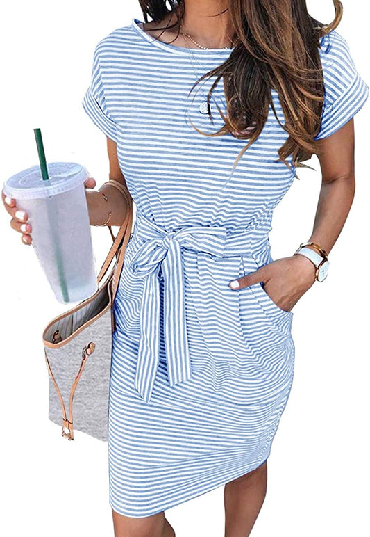 Women's Summer Striped Short Sleeve T Shirt Dress Casual Tie Waist Midi Dress