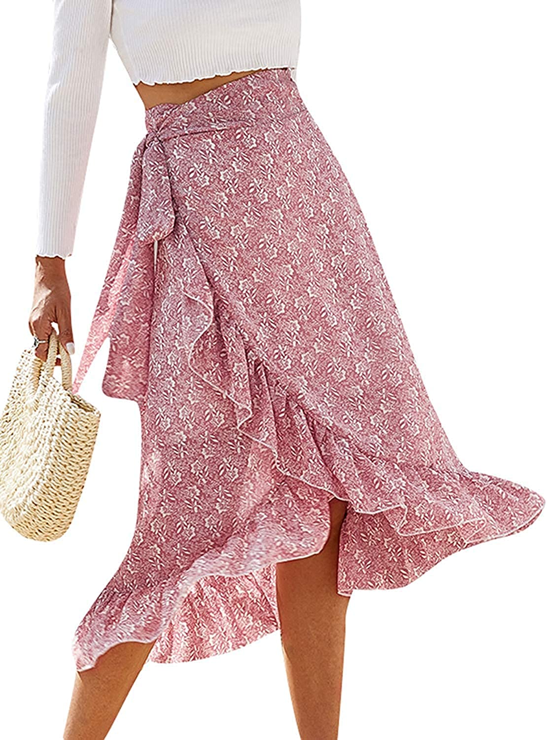 Womens Boho Floral Print High Waisted Wrap Skirts Ruffle Hem Tie Knot Summer Chiffon Flowy Midi Skirts