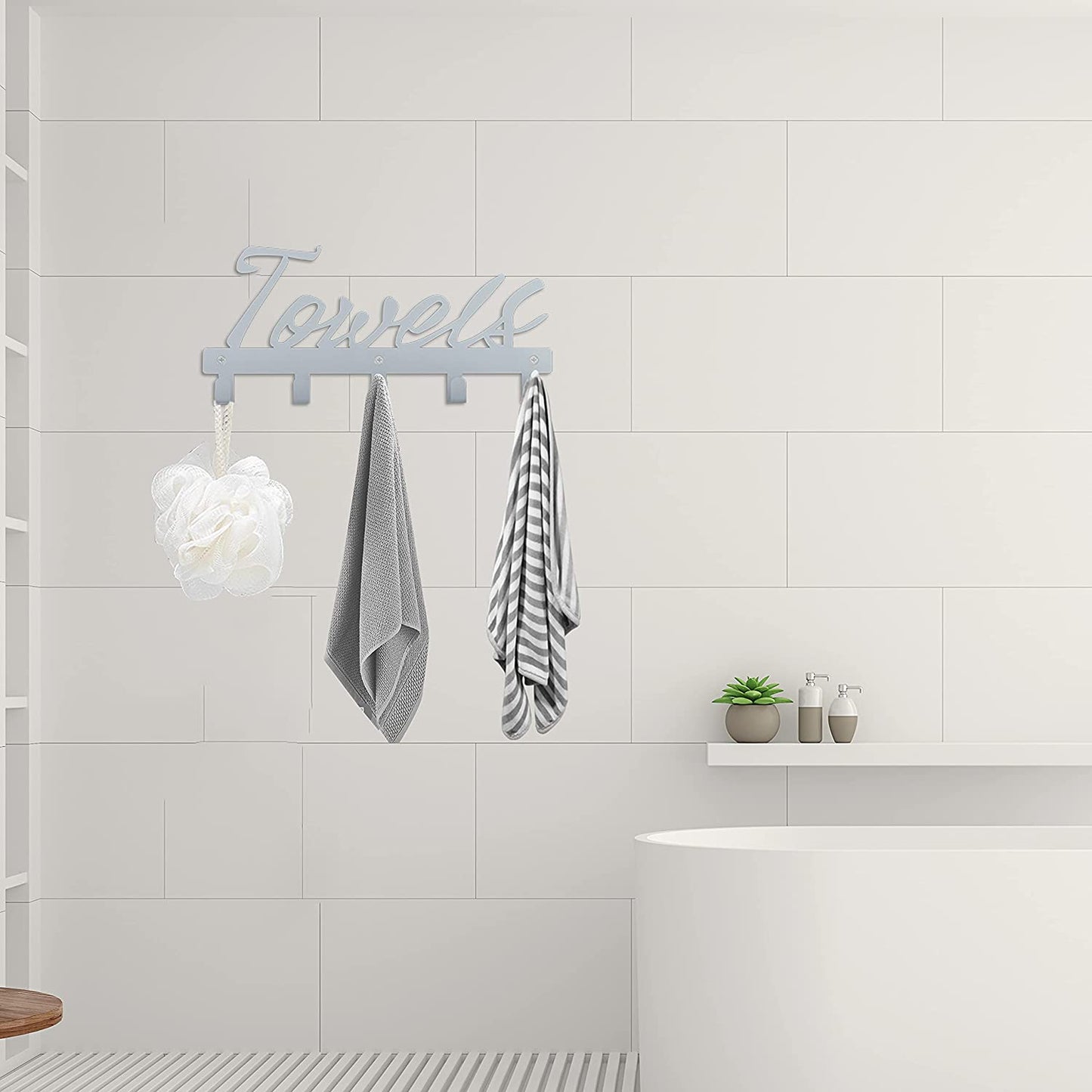 Bath Towel Rack for Wall Hooks -Organize and Easy to Install Towel Holder - Modern Bathroom Decor Storage for Robe Hand Towel Wash Clothes (Silver Grey)
