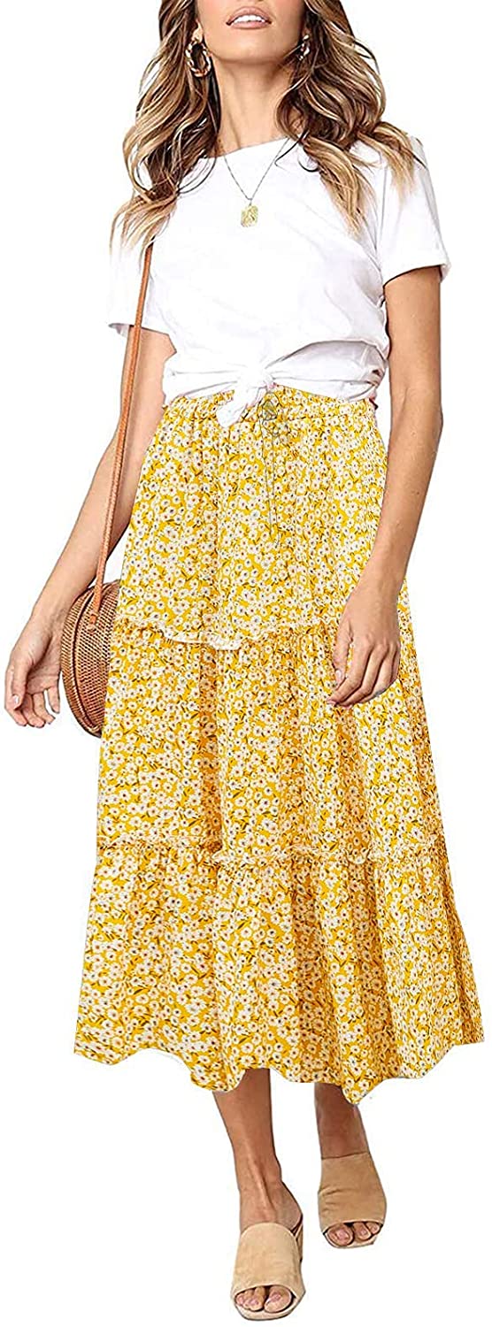 Women's Skirts Boho Floral Printed Elastic High Waist A Line Maxi Skirt with Pockets