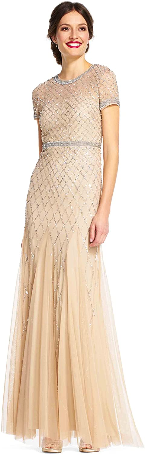 Papell Women's Short-Sleeve Beaded Mesh Gown