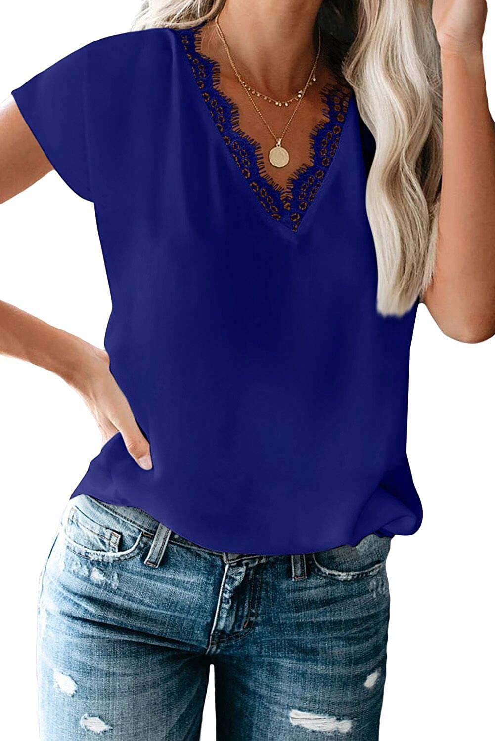 Dressy Lace Trim Blouse Tops Popular Short Sleeve Shirt