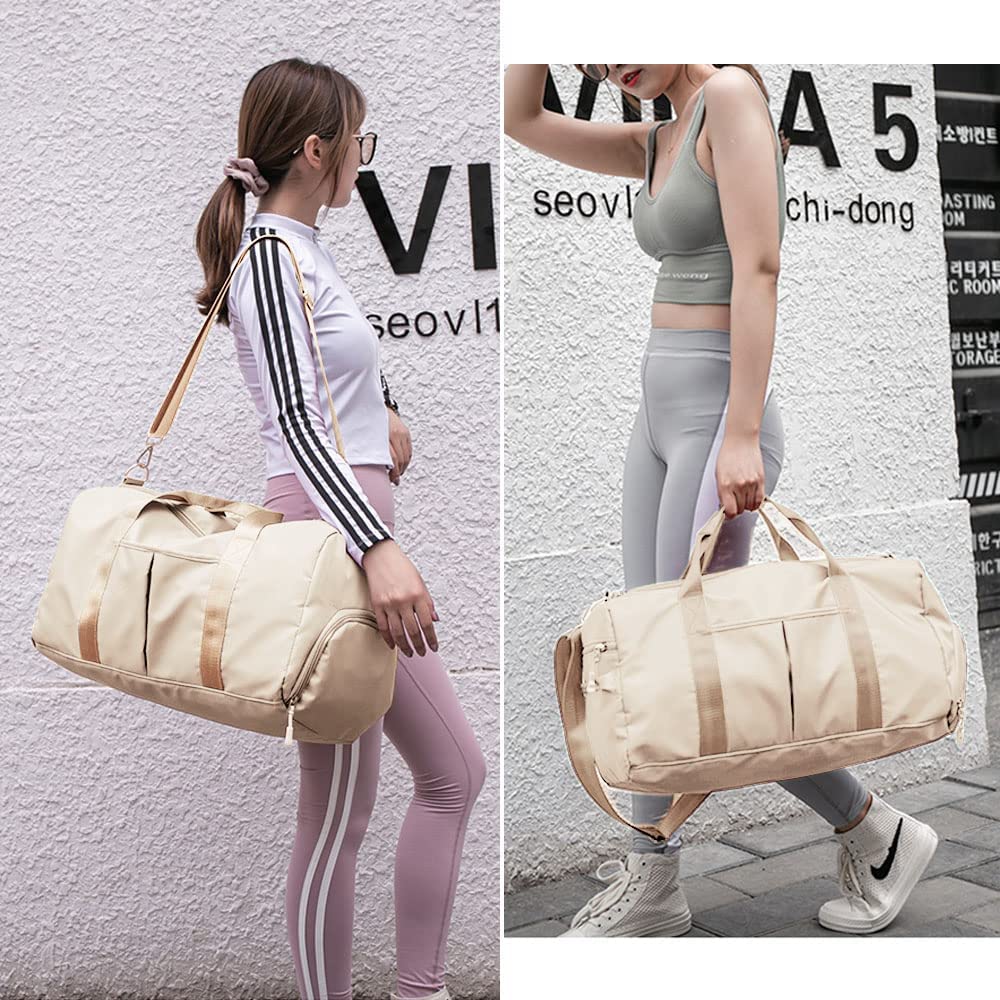 Small Gym Bag for Women and Men, Workout Bag for Sports and Weekend Getaway, Waterproof Dufflebag with Shoe and Wet Clothes Compartments (Beige)