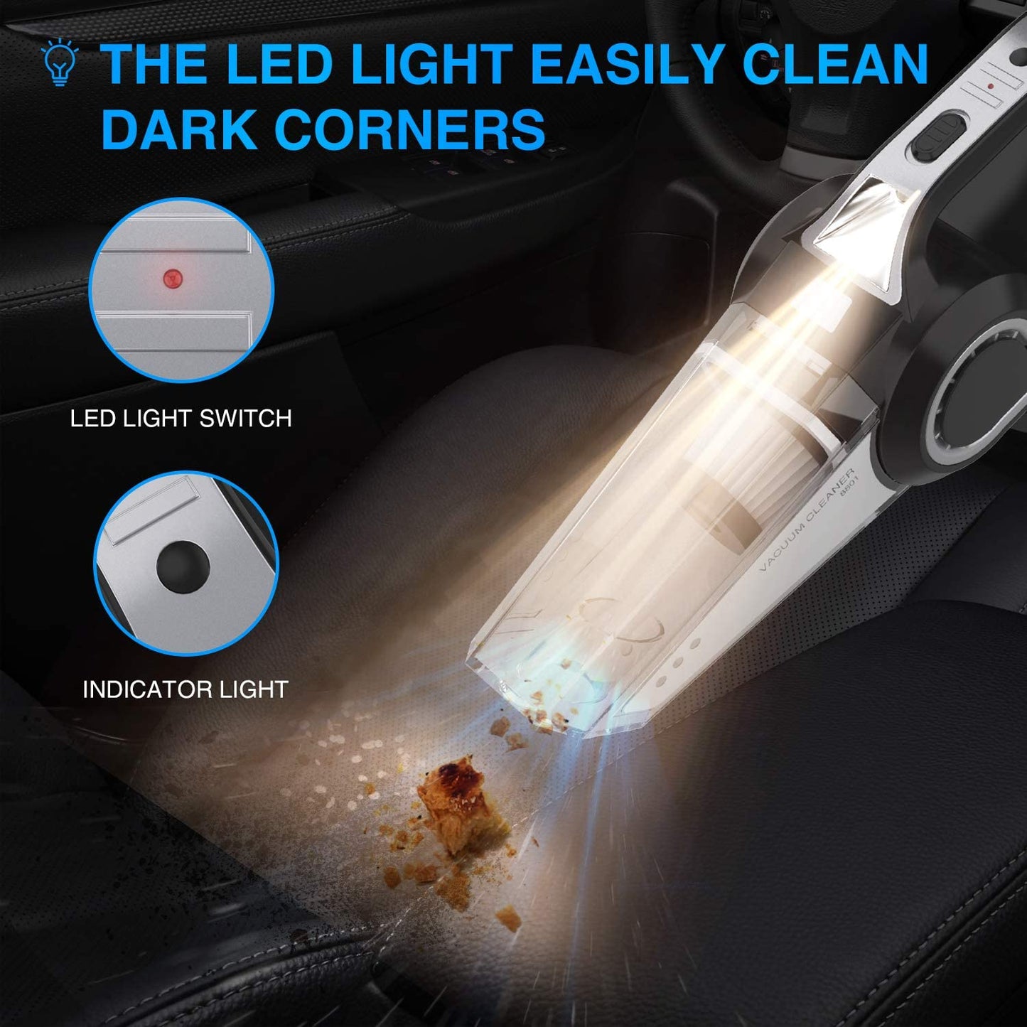 Handheld Vacuums, Mutifunction Car Vacuums Cleaner with Searchlight, Tire Pressure Gauge and Car Inflator, 120W DC 12V Up to 6500Pa Powerful Suction for Wet and Dry
