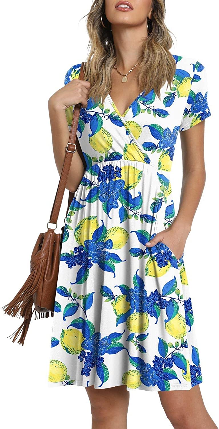 Summer Women's V Neck Dress, Printed Short Sleeve Neck Dress, Casual Loose Floral Beach Dress, Swing A-Line Dresses