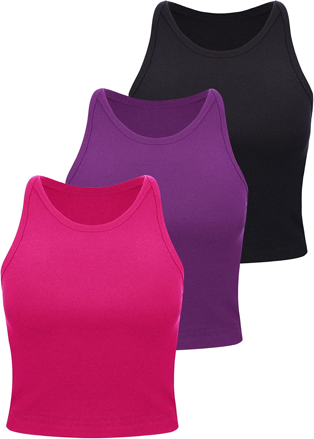 3 Pieces Women's Cotton Basic Sleeveless Racerback Crop Tank Top Sports Crop Top for Lady Girls Daily Wearing