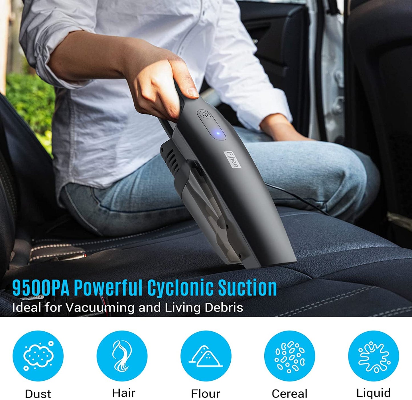 Car Vacuum 13.2FT Corded, Portable Car Vacuum Cleaner Strong Suction DC 12V/9500Pa Handheld Vacuums w/4 Attachments for Car Interior Detailing Auto Accessories Cleaning Tool Kit w/Storage Bag