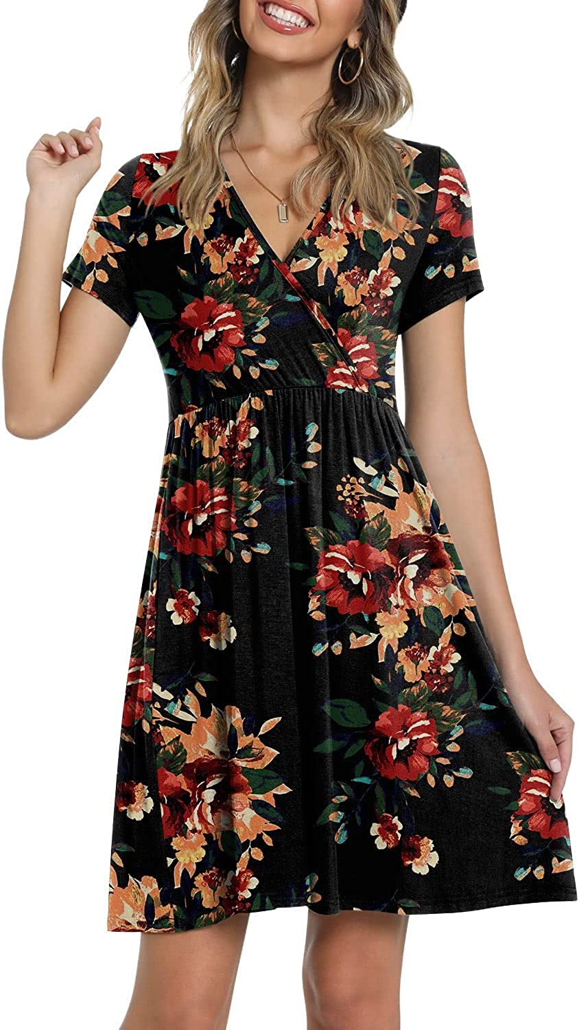 Summer Women's V Neck Dress, Printed Short Sleeve Neck Dress, Casual Loose Floral Beach Dress, Swing A-Line Dresses