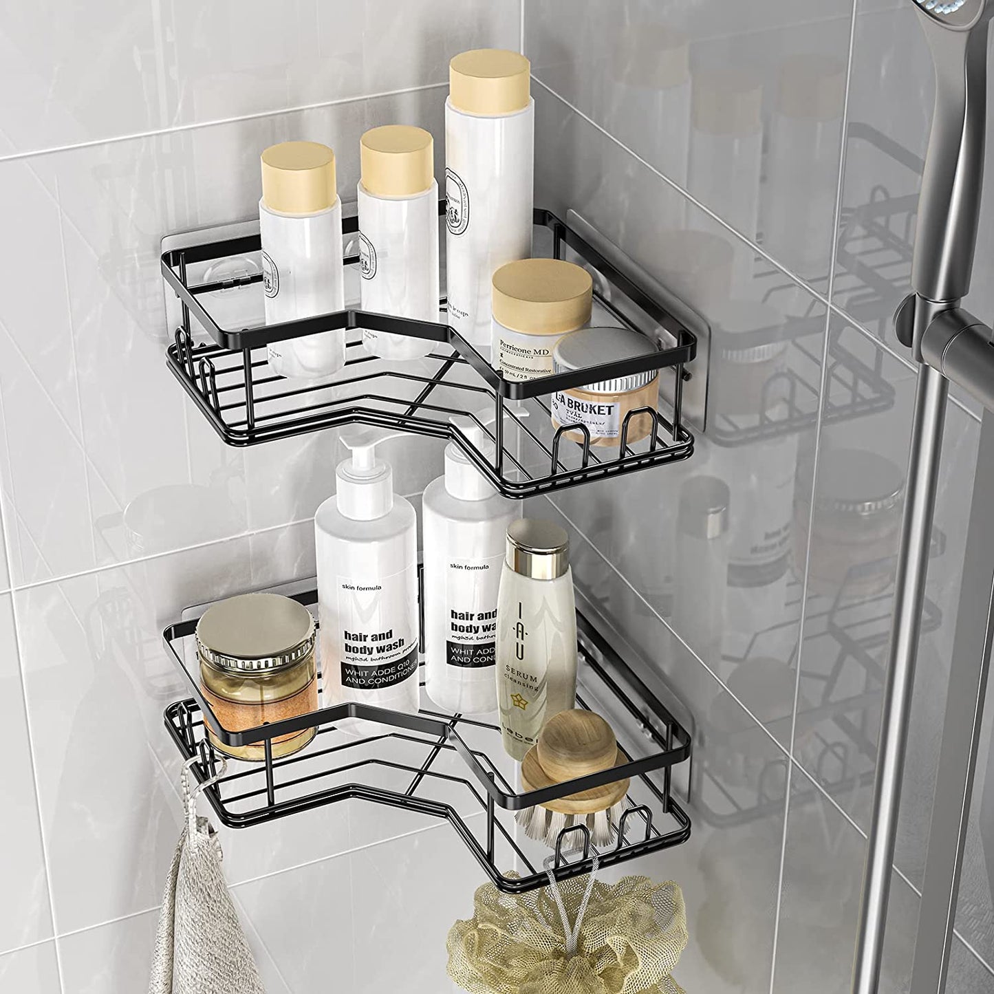 Corner Shower Caddy, Shower Organizer Corner Shower Shelf with 8 hooks,2-Pack Adhesive Stainless Steel MAXIFFE Shower Shelves for Bathroom Storage (Matte Black)