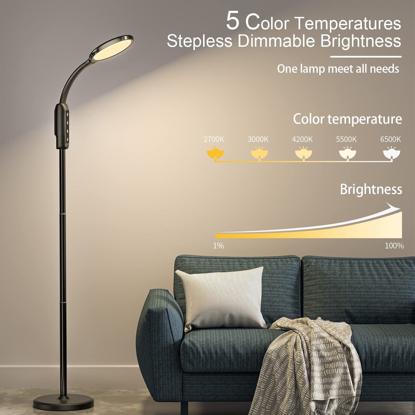 Floor Lamp for Living Room, Standing Lamp with Adjustable Brightness Flexible Gooseneck, Smart Lamp Remote App Control, Rechargeable Battery Operated Outdoor Lamp, Work Light for Reading, Crafts