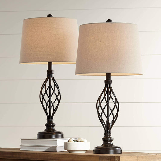 Annie Traditional Rustic Farmhouse Table Lamps 28" Tall Set of 2 Bronze Iron Scroll Tapered Cream Drum Shade for Living Room Bedroom House Bedside Nightstand Home Office Family - Franklin Iron Works