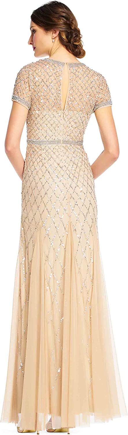 Papell Women's Short-Sleeve Beaded Mesh Gown