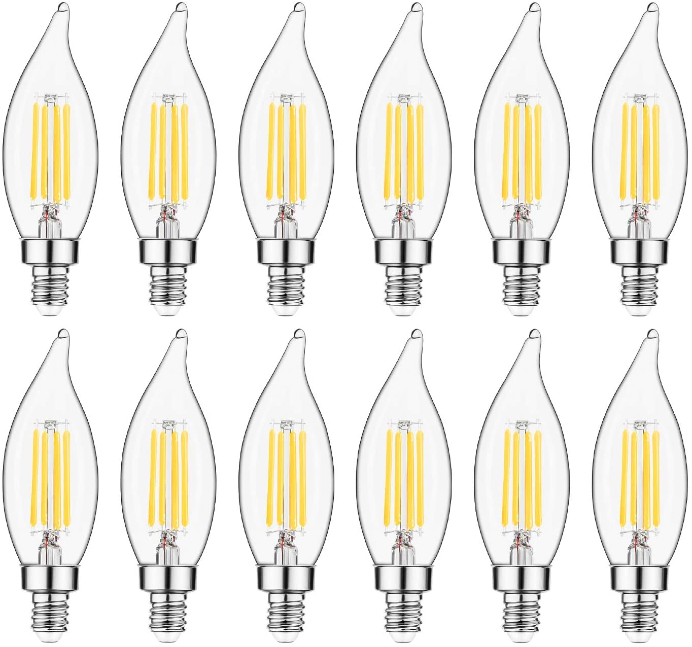 E12 LED Bulb Candelabra Base 60 watt LED Chandelier Light Bulbs Dimmable, Flame Tip Candelabra LED Bulbs, 4.5W, 500LM 2700K Warm White, CA10 Candle Light Bulbs, 12 Packs