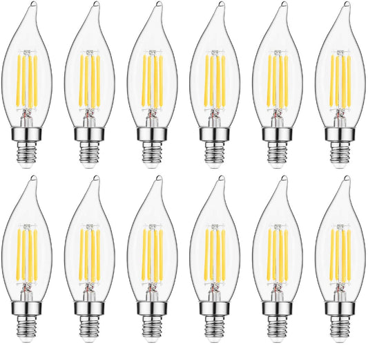 E12 LED Bulb Candelabra Base 60 watt LED Chandelier Light Bulbs Dimmable, Flame Tip Candelabra LED Bulbs, 4.5W, 500LM 2700K Warm White, CA10 Candle Light Bulbs, 12 Packs