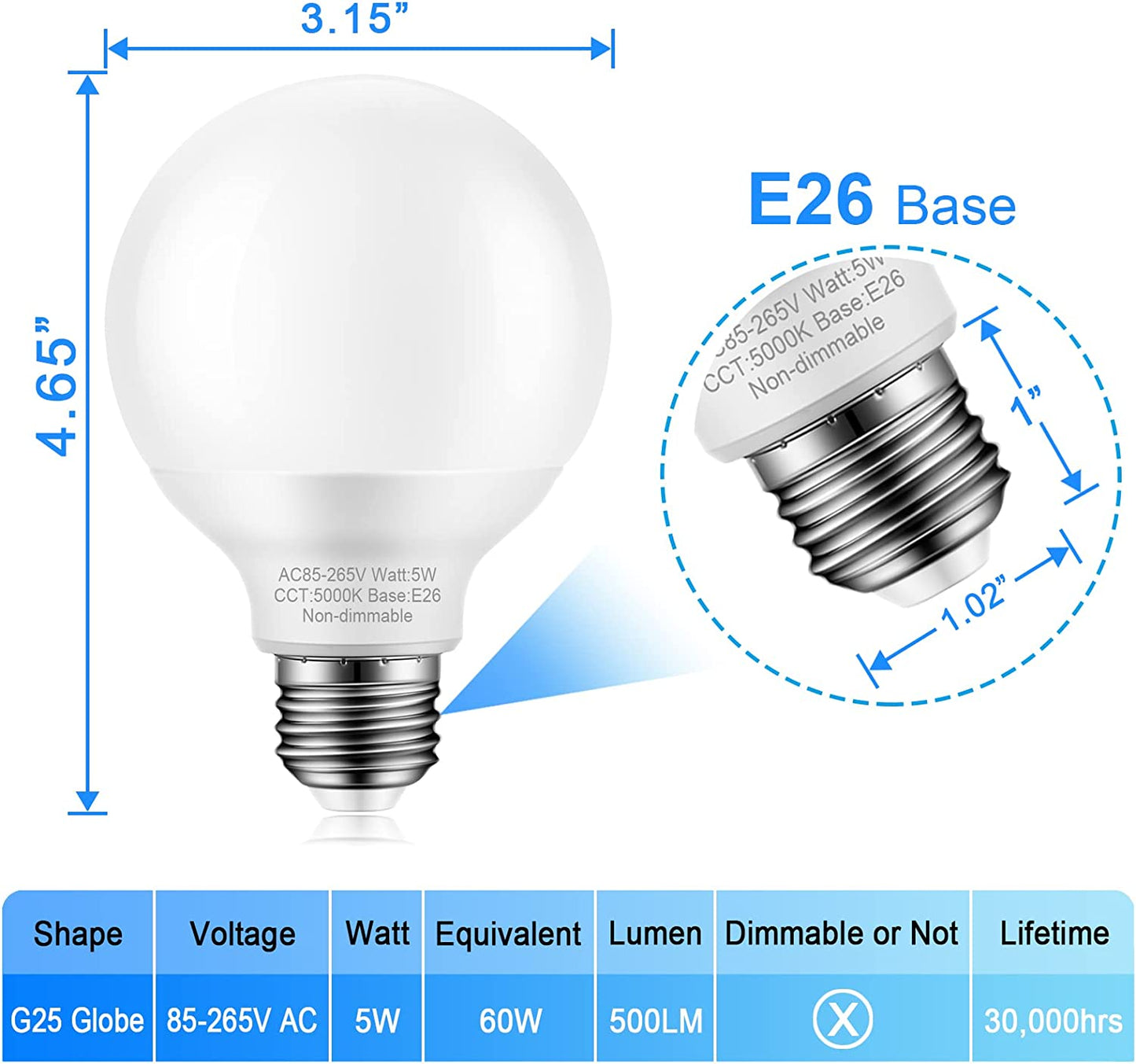 8-Pack Bathroom Light Bulbs, 60 watt Equivalent, Daylight G25 LED Globe Light Bulbs for Bathroom Vanity, E26 Medium Base, 5000K Round Light Bulb Over Mirror, Non-dimmable