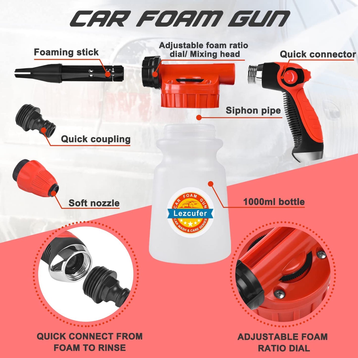 Car Wash Kit with Foam Gun, Car Cleaning Kit with Car Foam Sprayer, Car Detailing Kit, Car Detailing Brush Set, Wheel Brush,Car Wash Mitt & Towels, Foam Cannon Car Washing Kit Fits Most Garden Hose