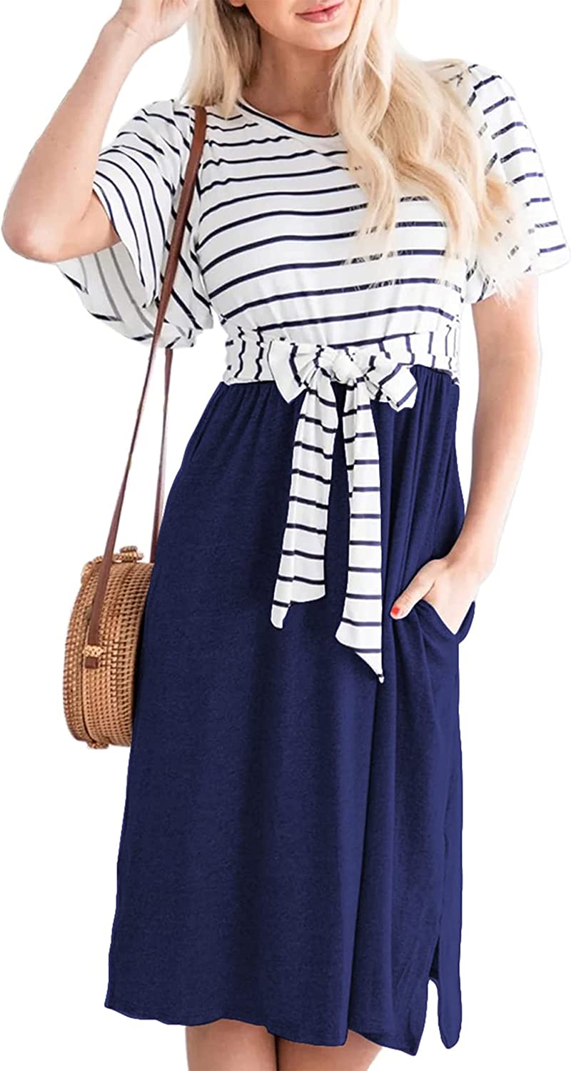 Women's Summer Striped Ruffle Sleeves Tie Waist Pockets Casual Swing Midi Dress