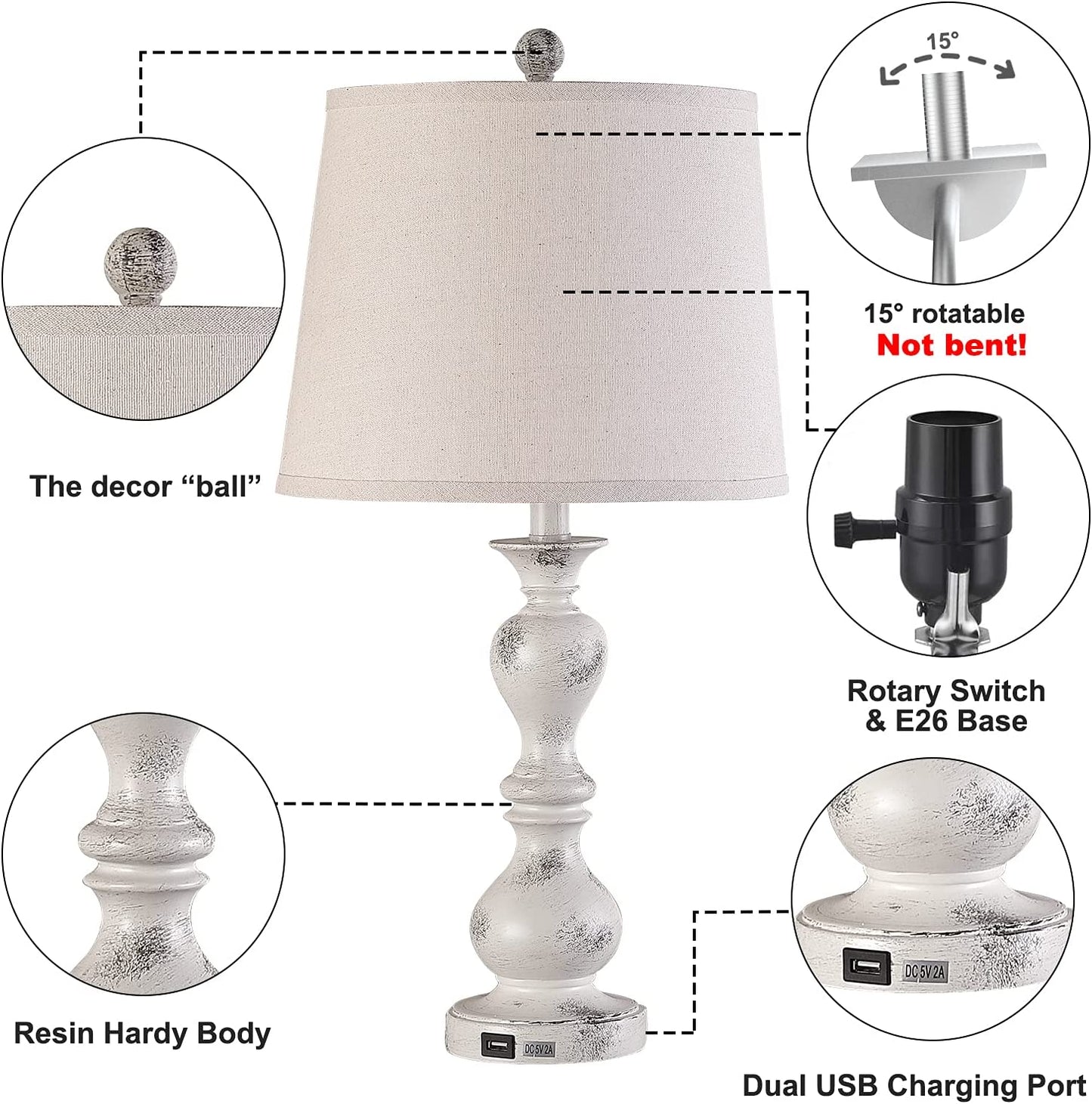 Resin Table Lamp Sets of 2 for Bedroom Living Room Plug in Bedside Nightstand Lamps with 2 USB Ports, 22in Farmhouse Table Lamp Set, 2-Pack (Antique White)