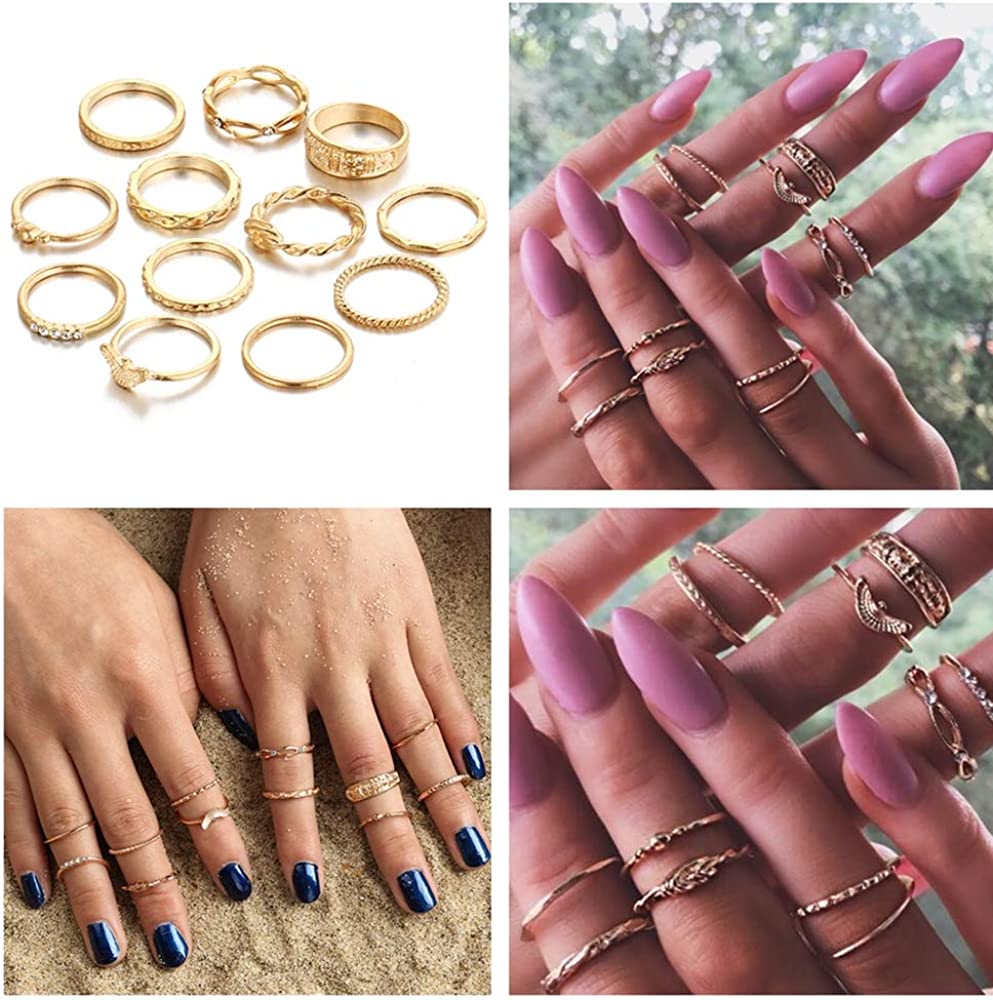 41Pc Fashion Boho Knuckle Rings Set for Women Girls Men, Vintage Retro Crystal Bohemian Midi Rings, Joint Nail Band Cuff Toe Statement Finger Rings, Snake Octopus Elephant Feather (41 Pcs a set)