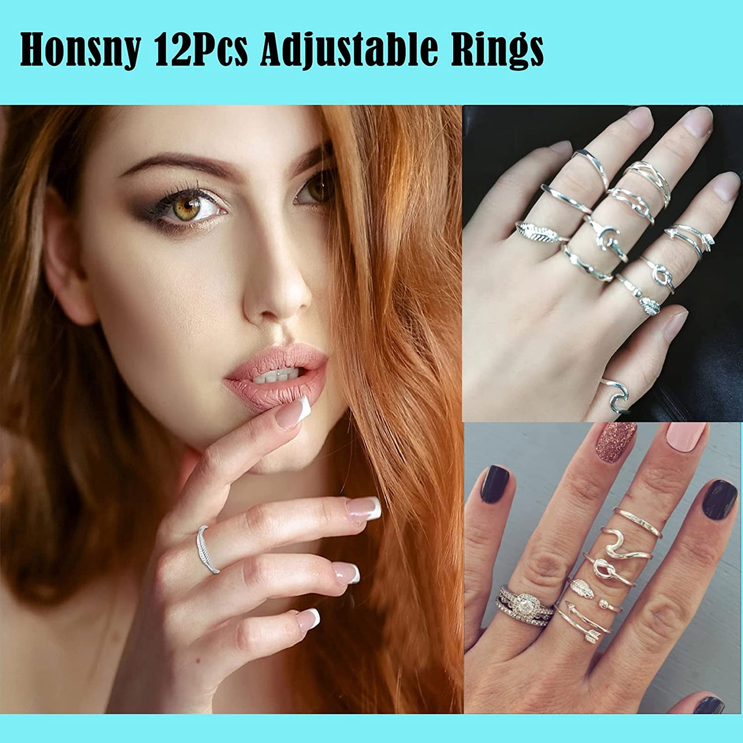 Honsny 12PCS Adjustable Knuckle Rings for Women, 14K Simple Gold Stacking Rings Pack, Open Knot Wave Star Moon Dainty Thumb Ring, Cute Silver Rings Set for Teen Girls