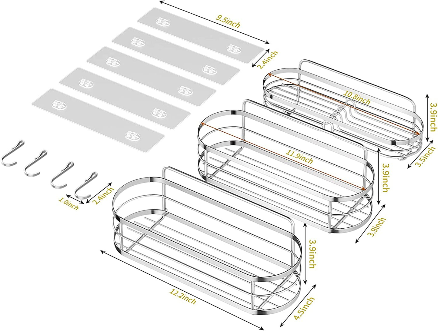 Shower Caddy,3 Pack Stainless Steel Shower Organizer for Bathroom Accessories,Self Adhesive Shower Shelves with 4 Removable Hooks,Razor Shampoo Holder