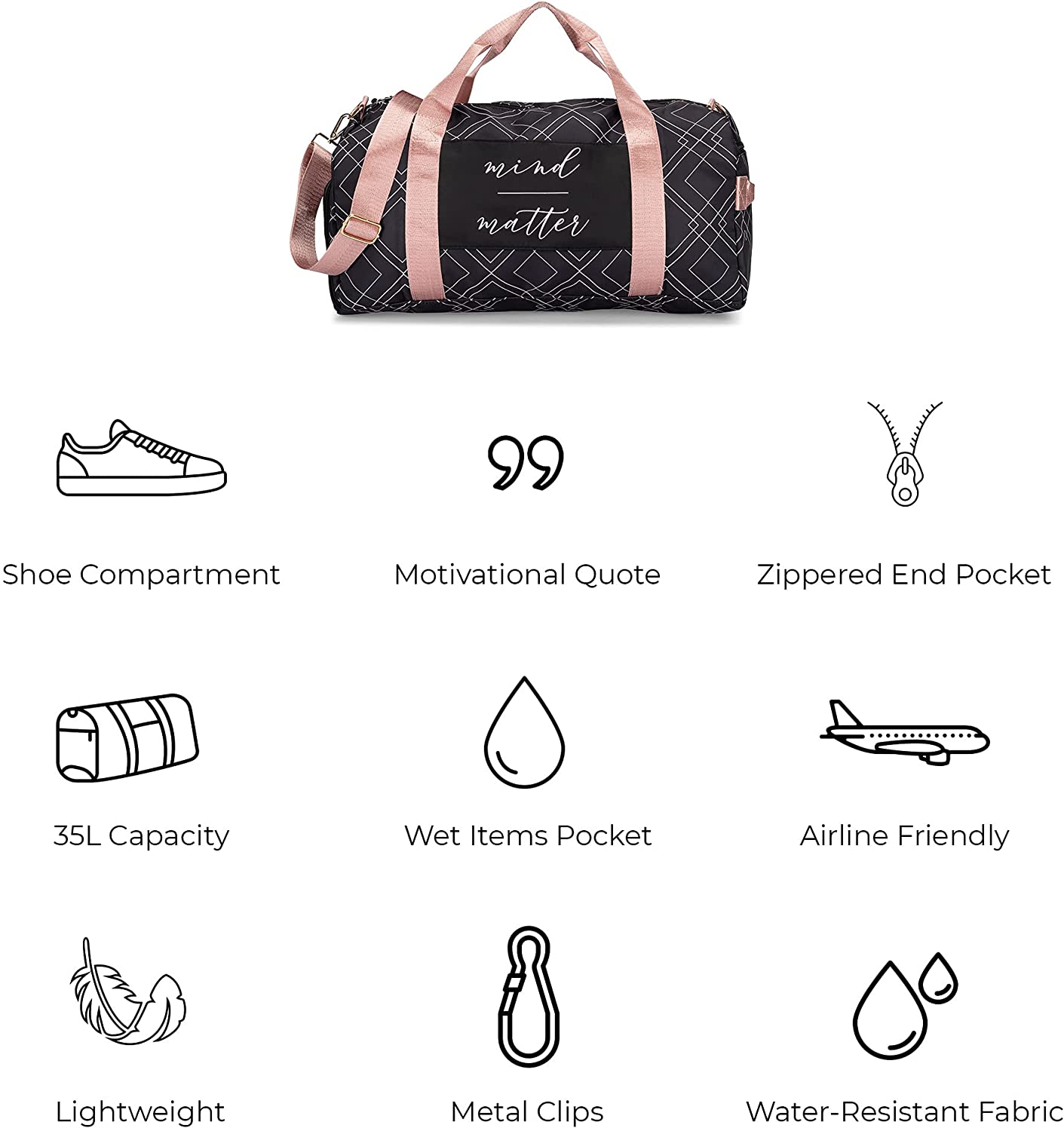 Bag for Women with Shoe Compartment and Wet Pocket | Lightweight Gym Duffle with Motivational Quote and Graphic Designs | Great for Working Out, Travel, and Overnights | Black/Rose - Diamond