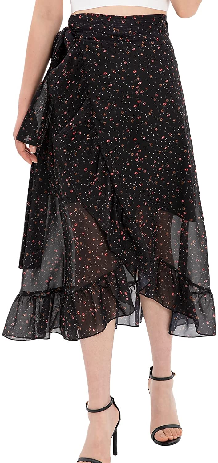 Womens Boho Floral Print High Waisted Wrap Skirts Ruffle Hem Tie Knot Summer Chiffon Flowy Midi Skirts