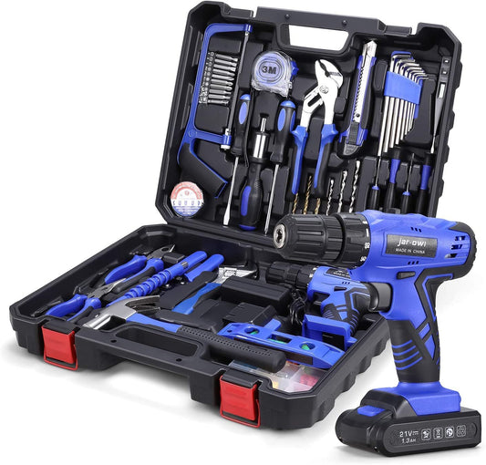 112 Piece Power Tool Combo Kits with 21V Cordless Drill, Professional Household Home Tool Kit Set with DIY Hand Tool Kits for Garden Office House Repair Maintain-Blue