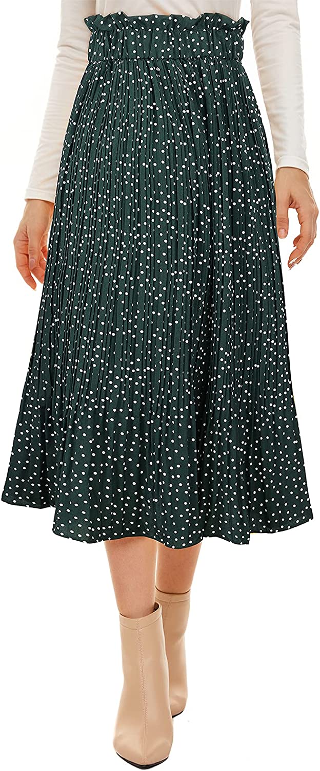 Women's Polka Dot Pleated Skirt Swing Midi Maxi Skirt High Waisted Skirts for Women with Pockets