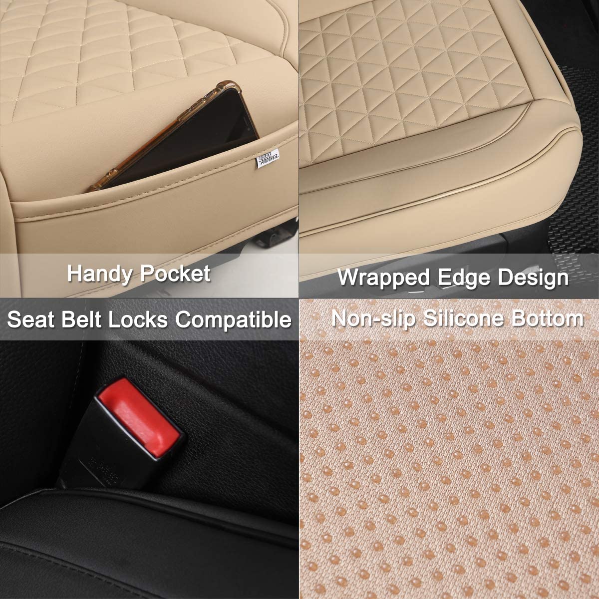 Luxury Faux Leather Car Seat Cover Front Bottom Seat Cushion Cover, Anti-Slip and Wrap Around The Bottom, Fits 95% of Vehicles- 1 Piece, Beige