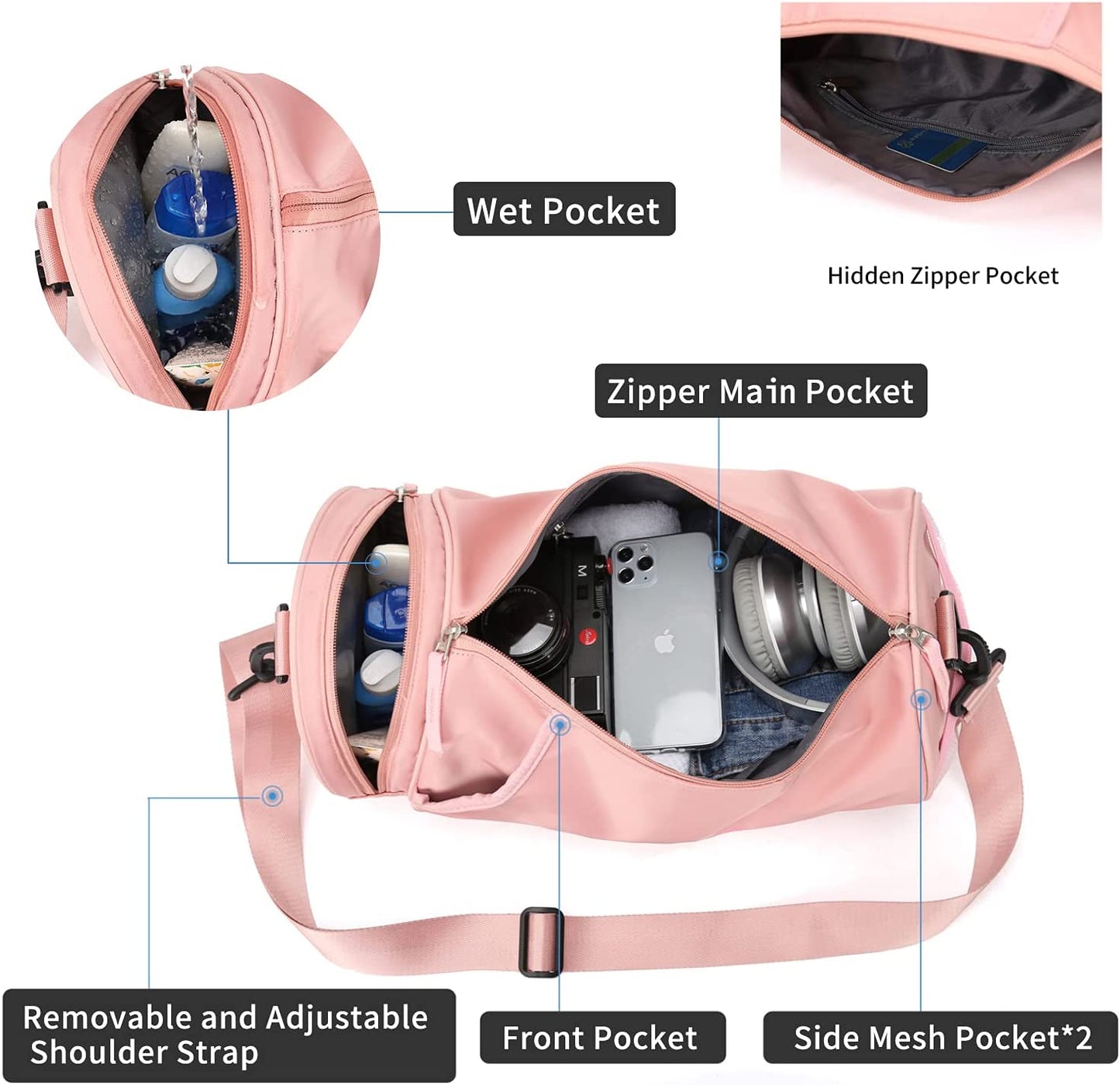 Small Sports Gym Bag for Women with Wet Pocket Waterproof, Workout Bags for Gym Women,Exercise Beach Yoga Dance Bag,Pink