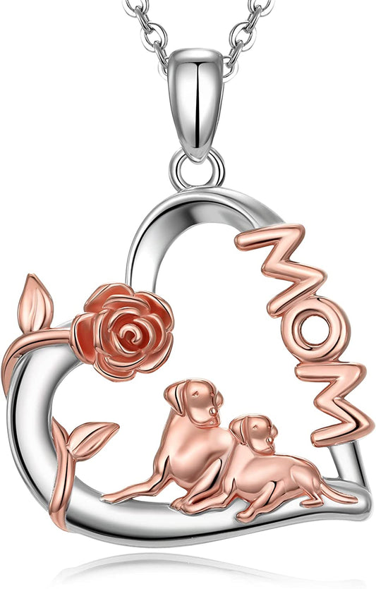 925 Sterling Silver Dog Mom Pendant Necklace Lovely Animal love Heart Necklace Dog Lover Memorial Gifts for Women Mom Wife Daughter Cable Chain 18"-20'' Inches