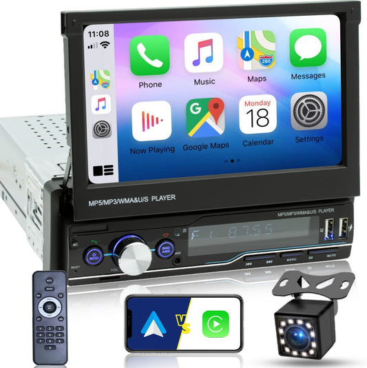 Car Radio Single Din with Flip Out Touch Screen,Car Stereo Apple Carplay,FM AM Car Radio Backup Camera, Hand-Free Calling,Apple Car Play Stereo,Fast Charging,EQ/USB Port/AUX/Mirror Link