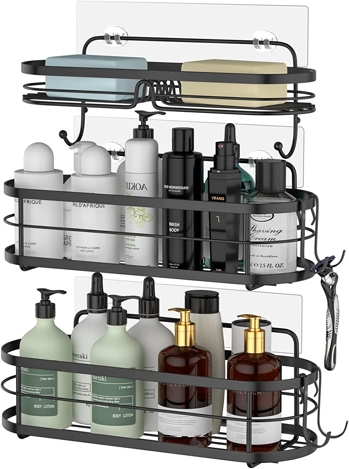 Shower Caddy,3 Pack Stainless Steel Shower Organizer for Bathroom Accessories,Self Adhesive Shower Shelves with 4 Removable Hooks,Razor Shampoo Holder