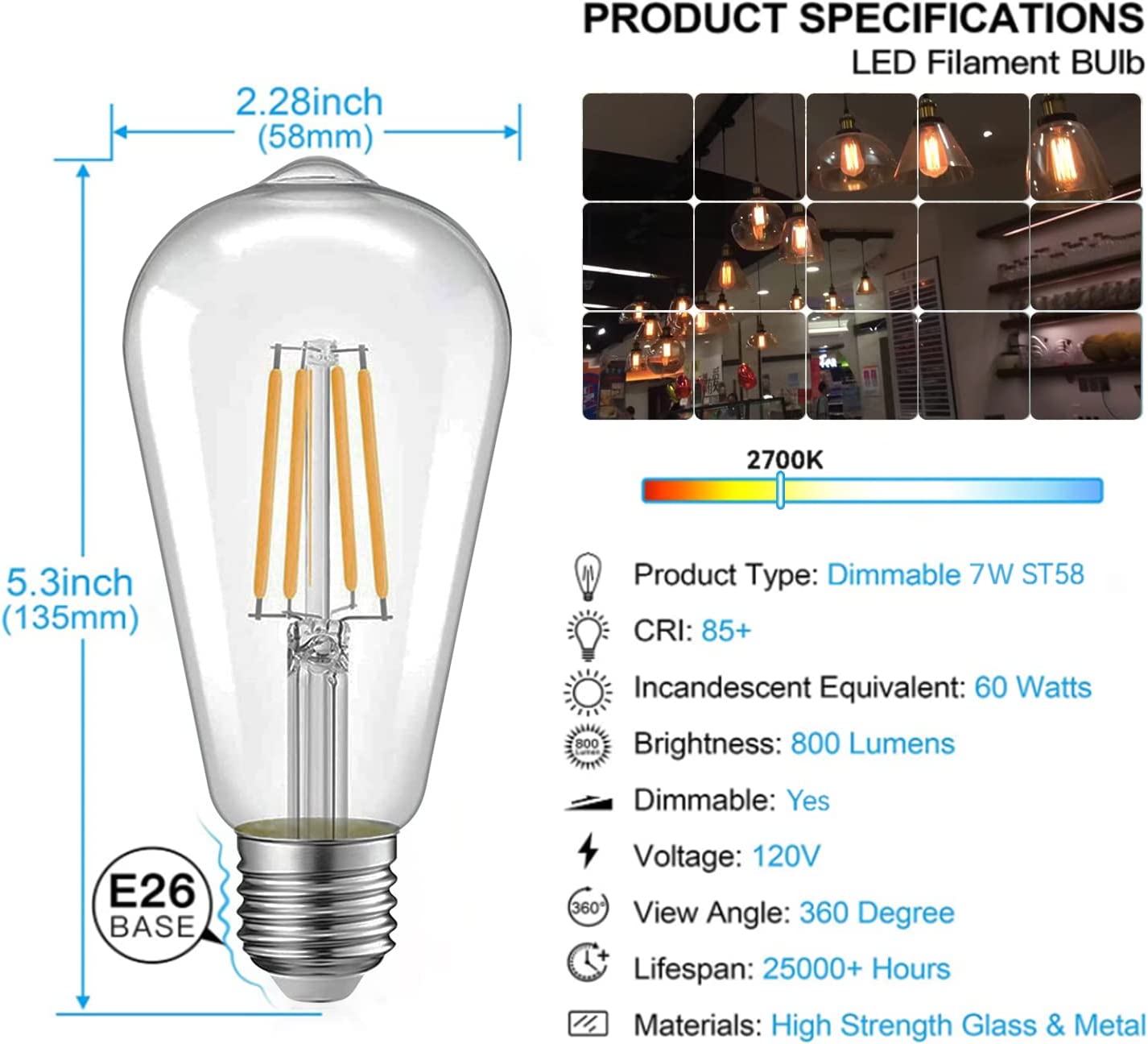 Light Bulbs Edison LED 7W 60 watt Equivalent 800 Lumen 2700K Warm White CRI90+ Standard E26 Screw Base ST58 Old Style Filament Bulb 6 Pack