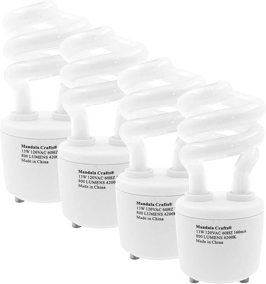 GU24 Light Bulb – CFL 13 w 120 v 60 hz Light Bulb – Compact Fluorescent Lightbulb with Two Prong Base T2 Mini Spiral 4 Pack 4200K Cool White by Mandala Crafts