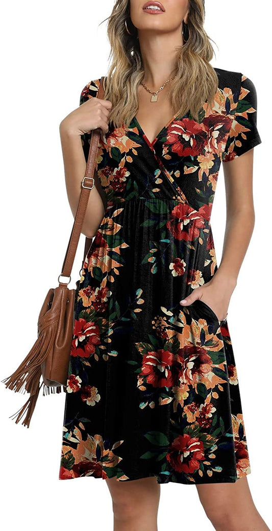 Summer Women's V Neck Dress, Printed Short Sleeve Neck Dress, Casual Loose Floral Beach Dress, Swing A-Line Dresses