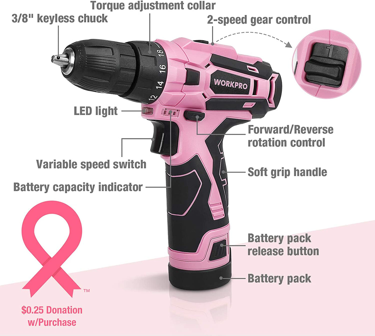 12V Pink Cordless Drill Driver and Home Tool Kit, 61-Piece Hand Tool Set for DIY, Home Maintenance, 14-inch Storage Bag Included - Pink Ribbon